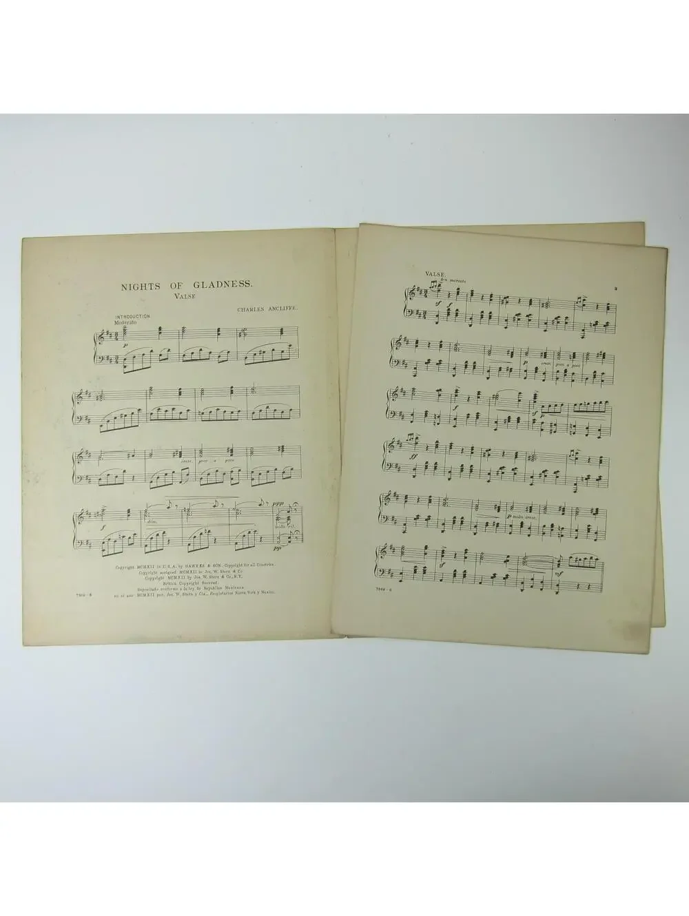 Sheet Music Nights of Gladness Valse Piano Charles Antcliffe Antique 1912